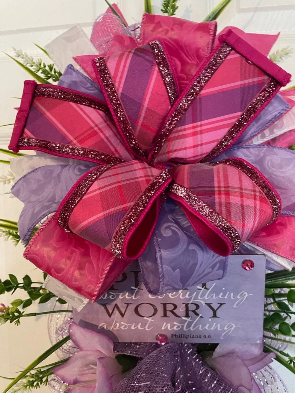 Home Holiday Pink & Purple Ribbon Door Swag with Floral Accents